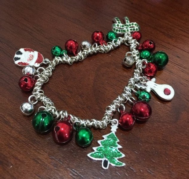 Christmas - Silver Tone Green and Red Bells Charm Stretch Bracelet Carousel 1