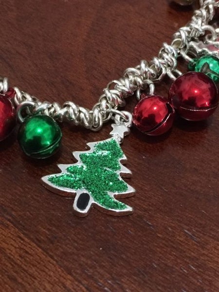 Christmas - Silver Tone Green and Red Bells Charm Stretch Bracelet Carousel 2