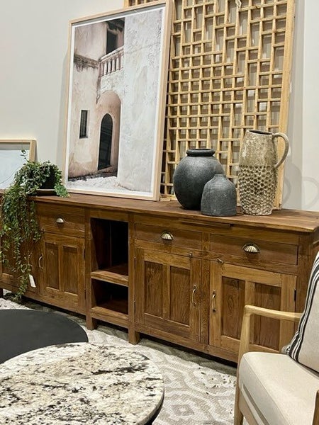 CHARACTER VERY LARGE PANELLED TEAK SIDEBOARD Carousel 1