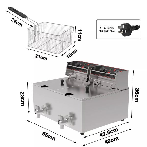 2500W 20L Electric Deep Fryer Commercial Twin Basket Cooker w/Oil Drain Valve Carousel 2