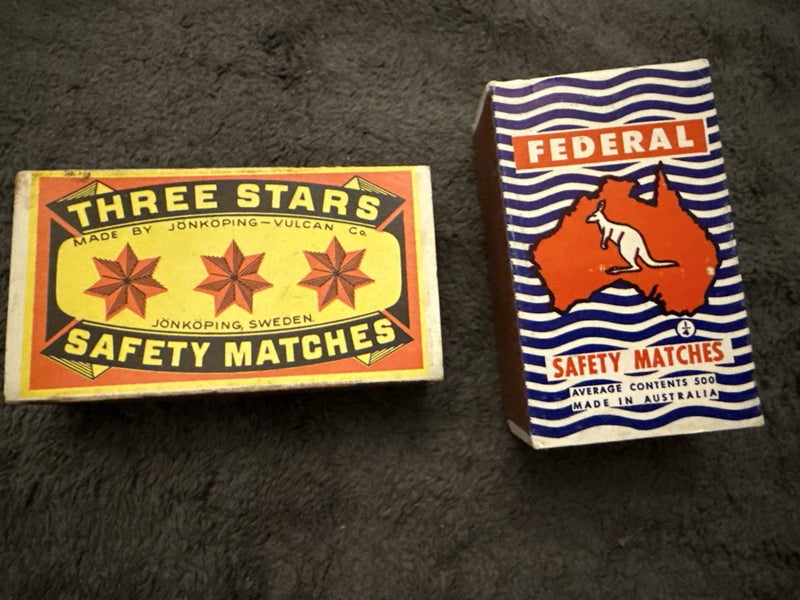 2 Large Vintage Matchboxes Federal Australia & 3 Stars Sweden Carousel 1