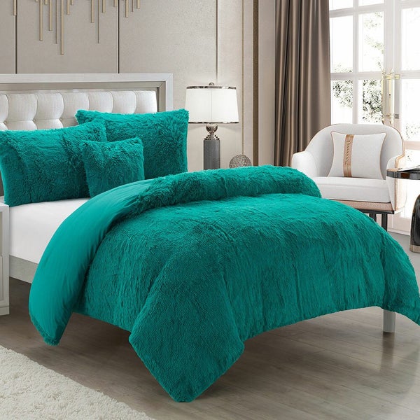 Teal Shaggy Fleece Duvet Cover Set by Marlborough Carousel 1