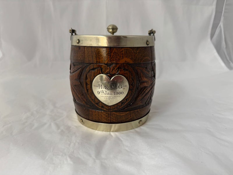 1900's Oak, Silver with Porcelain Liner Biscuit Barrel (21191)629337302542101121