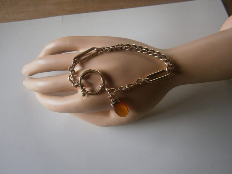 ANTQ/VTG.9ct ROSE ROLLED GOLD CHAIN BRACELET+9ct AMBER FOB (15gms) Carousel 2