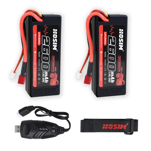 Hosim 2PCS 2S 7.4V 2600mAh Lipo Battery 25C with 1 USB Chargers & 1 Battery Stra Carousel 1