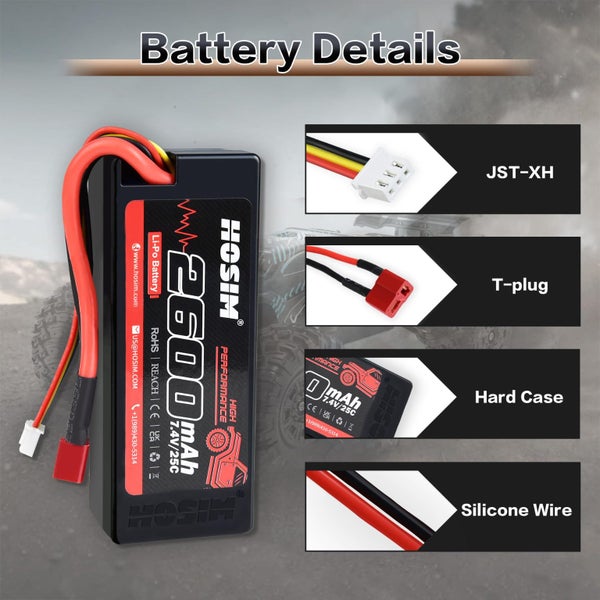 Hosim 2PCS 2S 7.4V 2600mAh Lipo Battery 25C with 1 USB Chargers & 1 Battery Stra Carousel 3