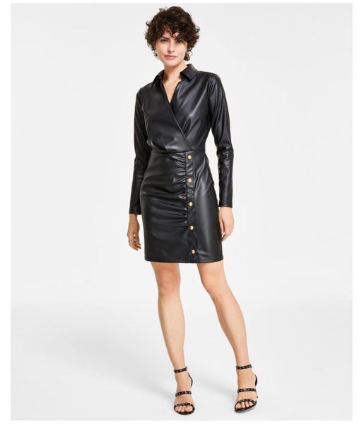 Michael Kors Womens Faux Leather Wrap Surplice Dress Carousel 1