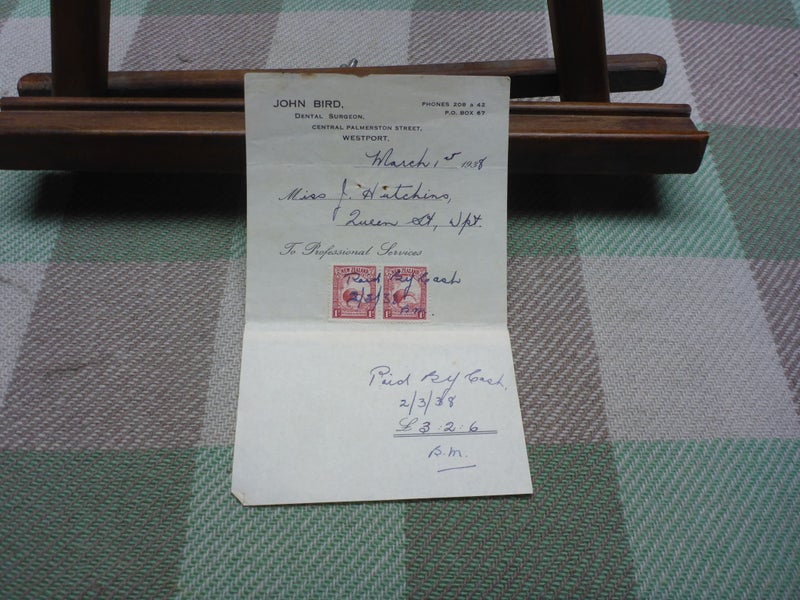 Old NZ Stamped Receipt Document 1938 Dental Surgeon Westport New Zealand Carousel 1