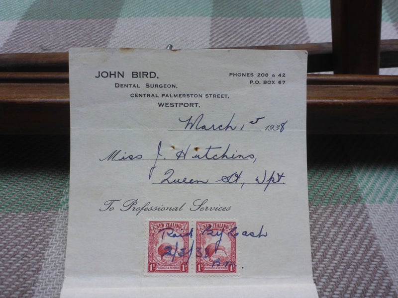 Old NZ Stamped Receipt Document 1938 Dental Surgeon Westport New Zealand Carousel 2