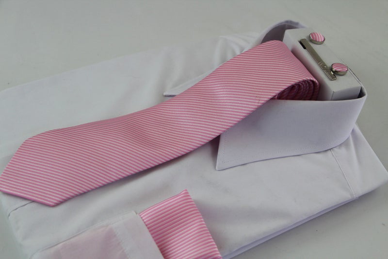 Mens Pink Striped Matching Neck Tie, Pocket Square, Cuff Links And Tie Clip Set Carousel 1