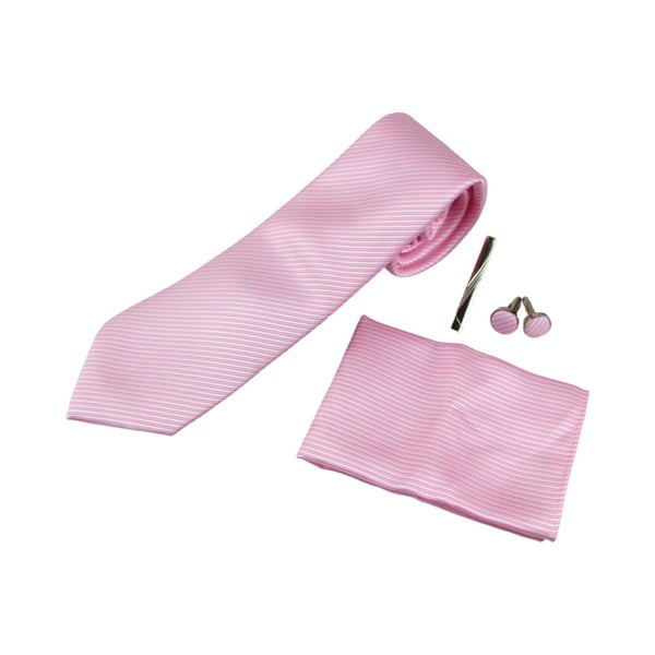 Mens Pink Striped Matching Neck Tie, Pocket Square, Cuff Links And Tie Clip Set Carousel 2