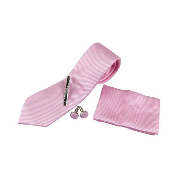 Mens Pink Striped Matching Neck Tie, Pocket Square, Cuff Links And Tie Clip Set Carousel 3