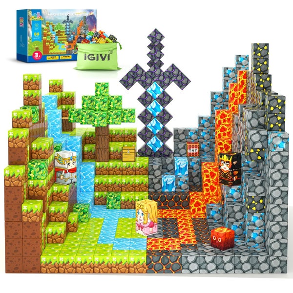 IGIVI Magnetic Blocks Build Mine Magnet World Lava Valley Set 1"" Magnetic Cu Carousel 1