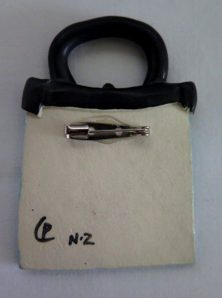 VINTAGE CERAMIC BLUE CROCODILE SKIN HANDBAG BROOCH SIGNED "C P N.Z." Carousel 2