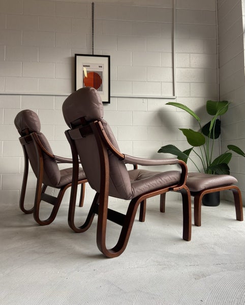 — Mid Century Joe Rüfenacht’ Leather Chairs & Ottoman —62864736805634114