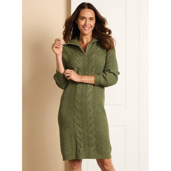 Zip Neck Ribbed Sweaterdress - Size XL (22) - Olive Marle629490543938581113