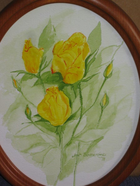 Jan Sunderland - Yellow Rose Flowers in a NZ Kauri Frame - original artwork62863858183425114