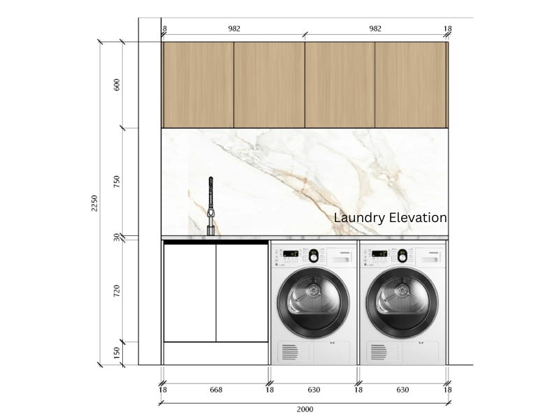 2000mm Laundry with Engineering Stone Top and Overhead Cabinets62863243141379113