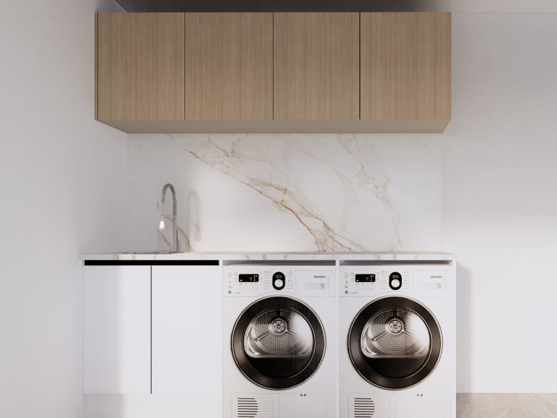 2000mm Laundry with Engineering Stone Top and Overhead Cabinets Carousel 1