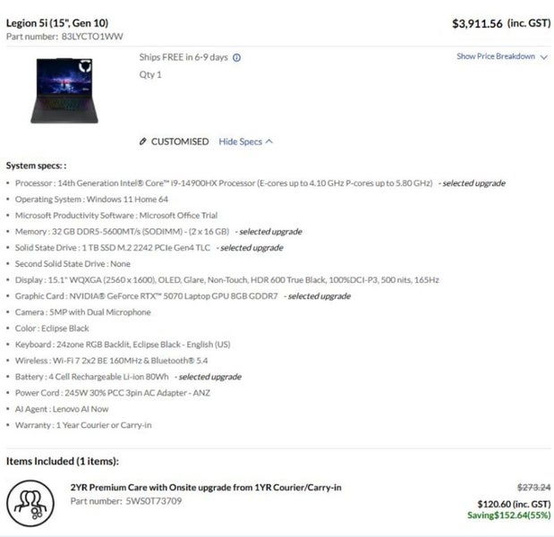 Brand New Lenovo Legion 5i Pro (15", Gen 10) RTX 5070, i9-14900HX, OLED Display62865825470082113