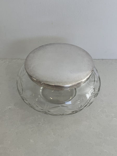 Large vintage powder bowl/vanity jar with silver plate lid62949053878147111