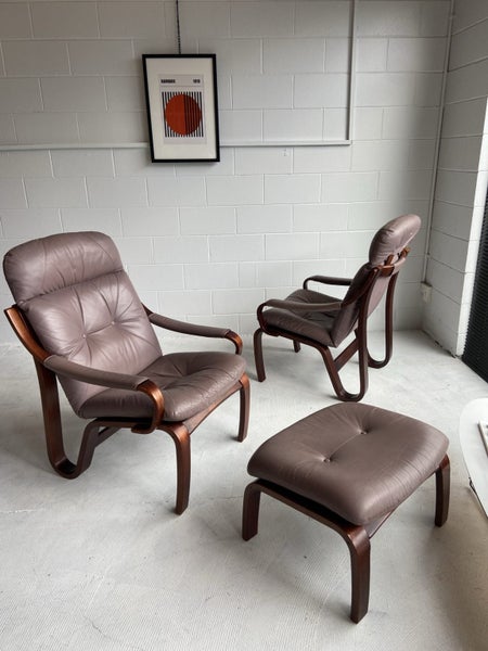 — Mid Century Joe Rüfenacht’ Leather Chairs & Ottoman —62864736805634111