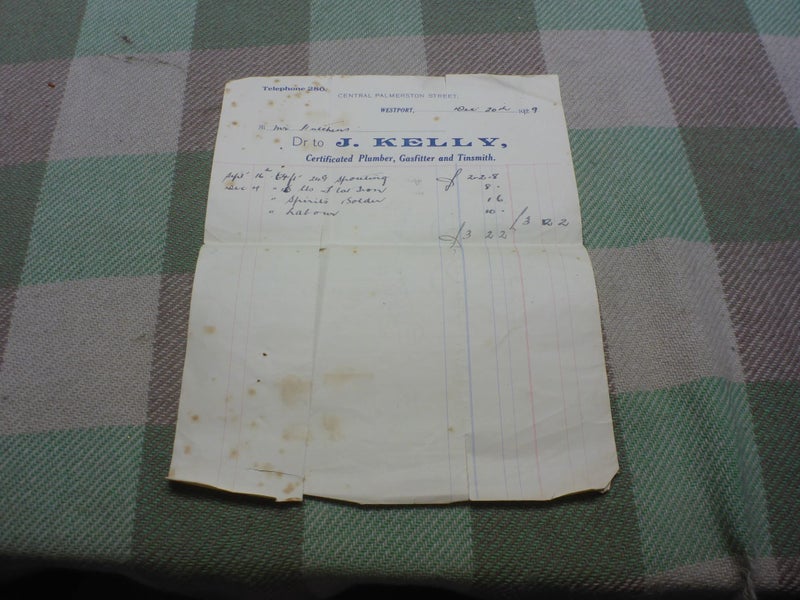 Awesome Old NZ Receipt Document 1929 J. Kelly Plumber Westport New Zealand Carousel 1