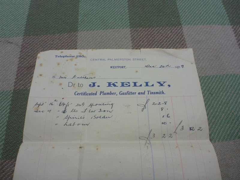 Awesome Old NZ Receipt Document 1929 J. Kelly Plumber Westport New Zealand Carousel 2