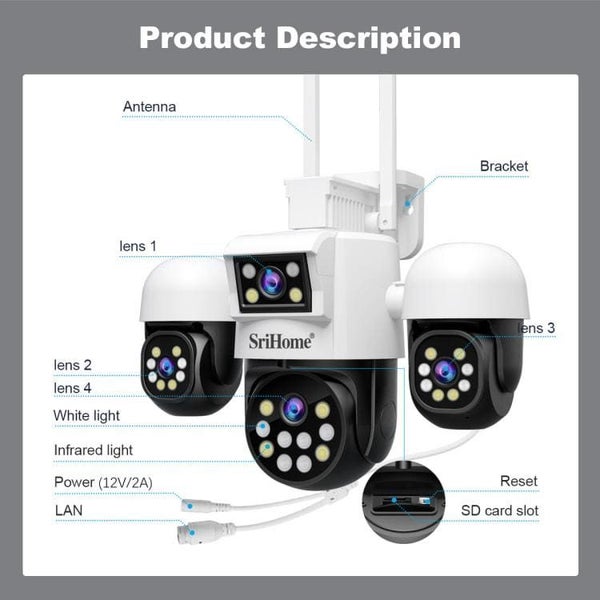 SriHome SH069 4-In-1 Quad Lens Wi-Fi Smart Security Camera, 3 x Pan/Tilt and ... Carousel 12