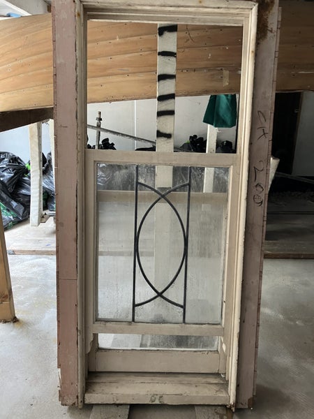 Two vintage double-hung windows with leadlight detail628638659708191110