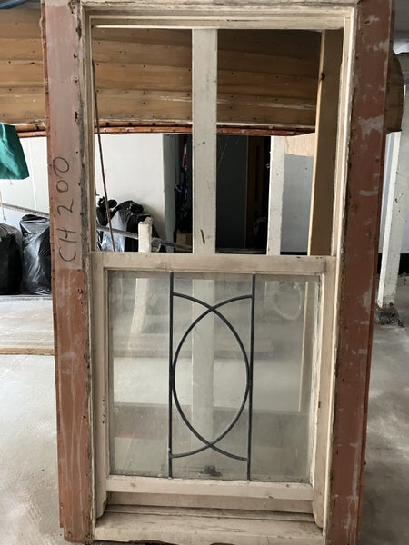 Two vintage double-hung windows with leadlight detail62863865970819111