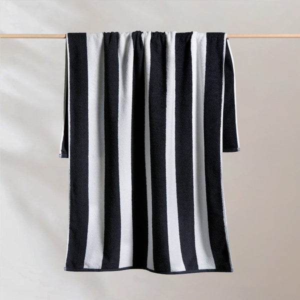 Striped Cabana Cotton Terry Beach Towel - Black Carousel 1