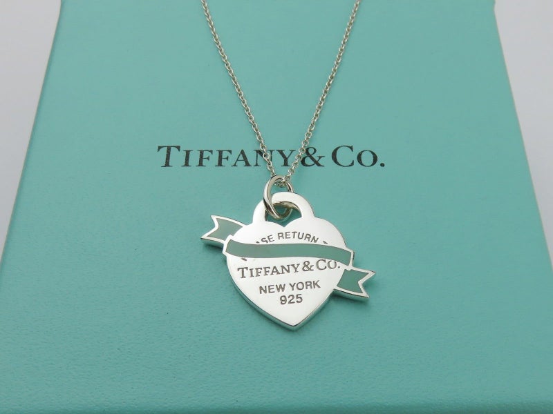 TIFFANY & CO Silver Blue Enamel Return to Tiffany Heart Ribbon Pendant Necklace Carousel 1