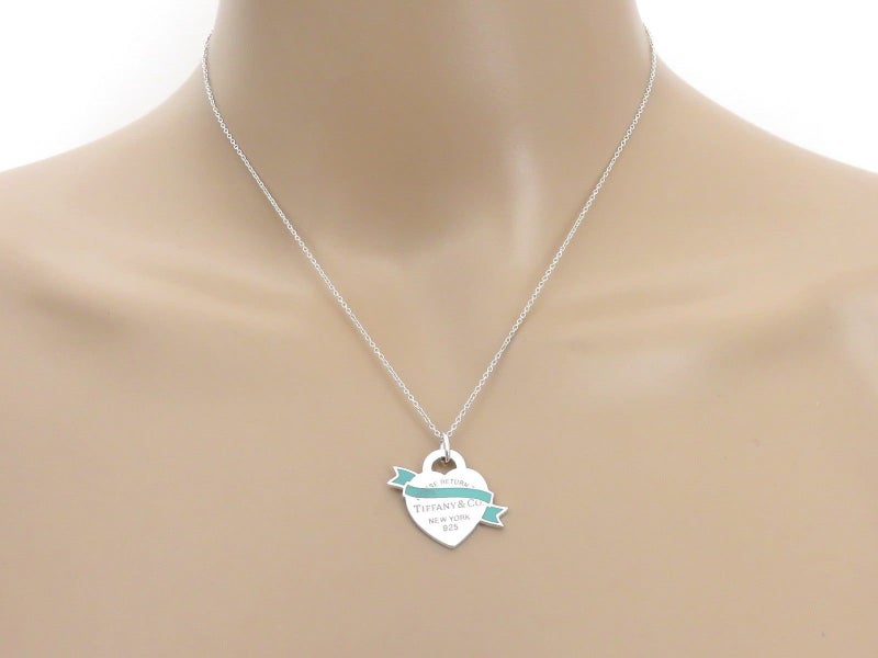 TIFFANY & CO Silver Blue Enamel Return to Tiffany Heart Ribbon Pendant Necklace Carousel 5