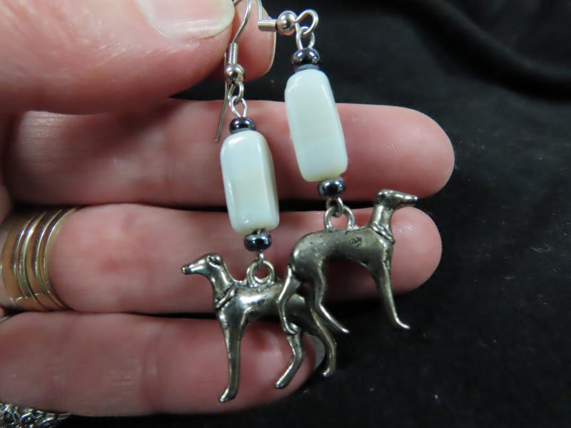 GREYHOUND THEMED EARRINGS... OOAK.. VINTAGE BEADS.. HAND MADE , MILK GLASS... Carousel 1