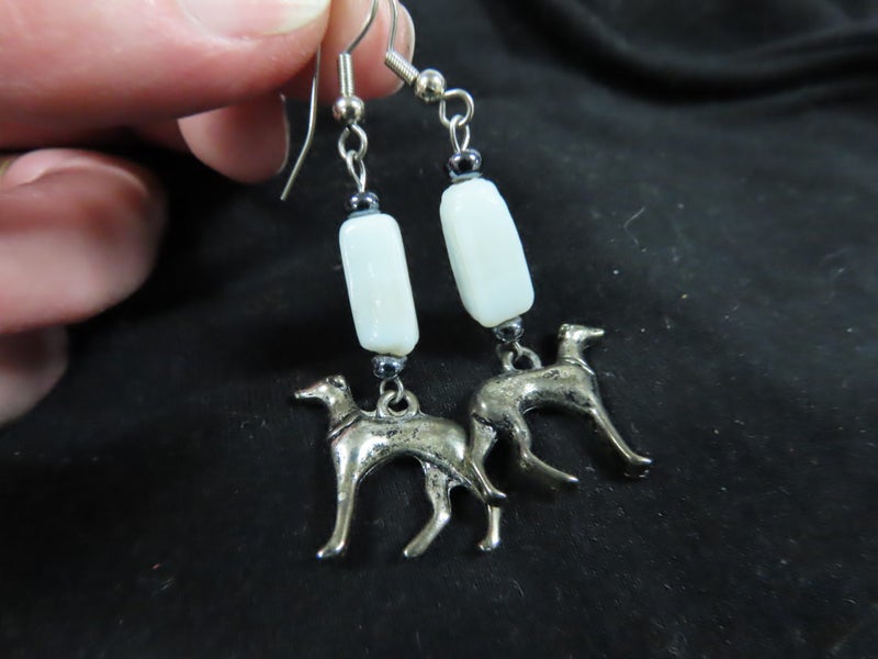 GREYHOUND THEMED EARRINGS... OOAK.. VINTAGE BEADS.. HAND MADE , MILK GLASS... Carousel 2