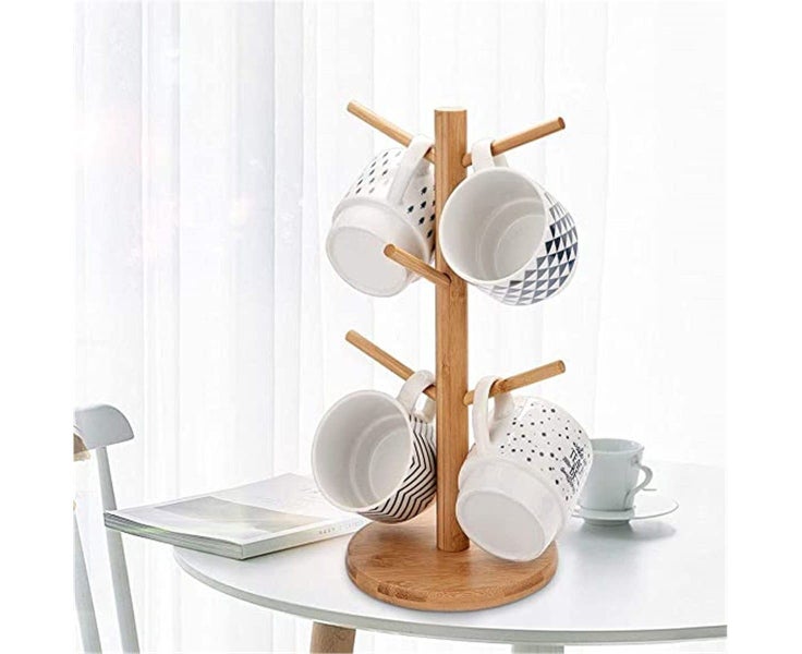 Bamboo Mug Rack Tree Coffee Tea Cup Organizer Hanger Holder with 6 Hooks Carousel 2
