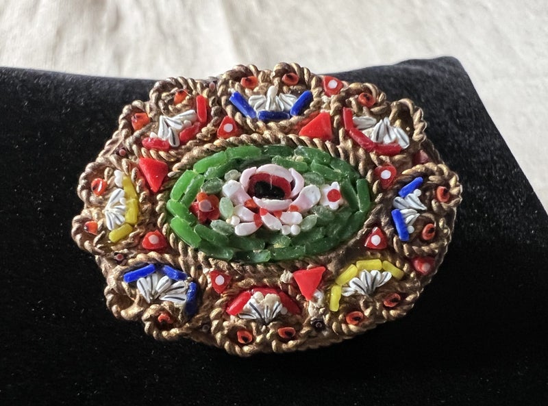 1960s Vintage Oval Italian Colourful Glass Tiles MOSAIC Peony Flower Brooch Carousel 1