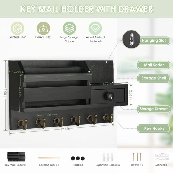 VISV Key Holder for Wall Wooden Key Mail Holder with Drawer Wall Mount Key Organ Carousel 2