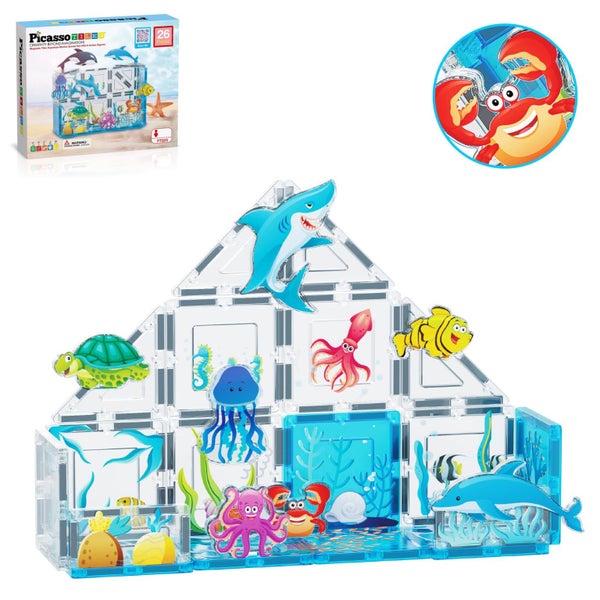 PicassoTiles Magnet Tile Building Blocks Marine Animal World Themed Playset with Carousel 1