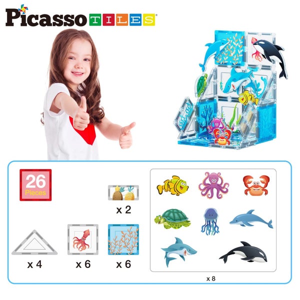 PicassoTiles Magnet Tile Building Blocks Marine Animal World Themed Playset with Carousel 3