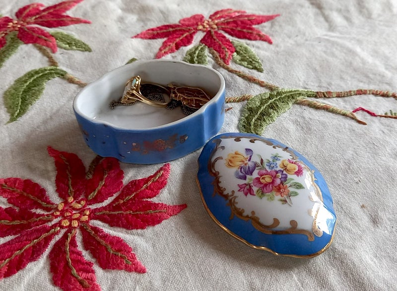 German Porcelain Trinket with Opal ring and pendant. Carousel 1