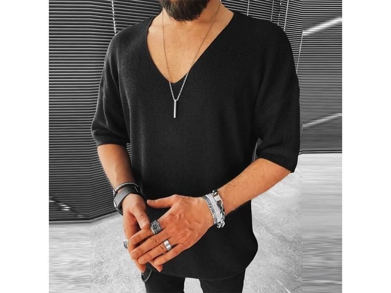 Mens Clothes Casual Knitted Sweater For Men Half Sleeve V-Neck Solid Jumpers Carousel 1