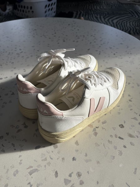 VEJA V-12 Leather Sneakers - White & Pink Carousel 1