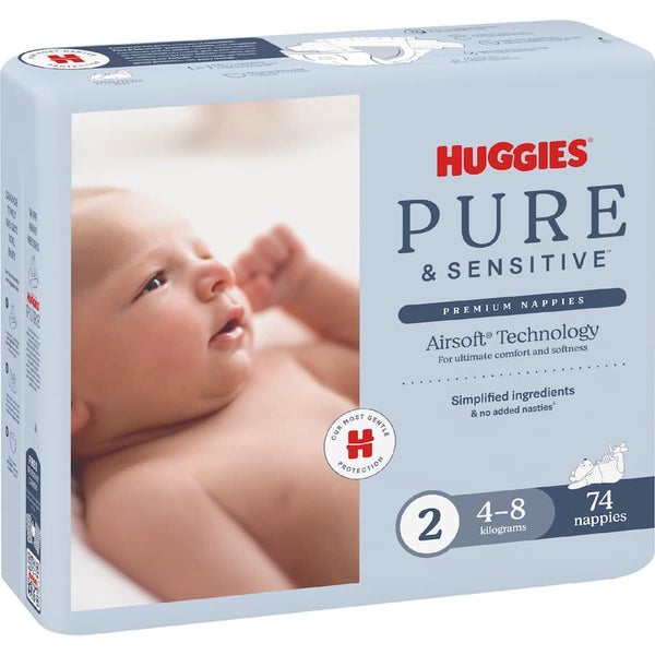 Huggies Pure & Sensitive Nappies Infant Boys & Girls 4-8kg Size 2 74pack Carousel 1