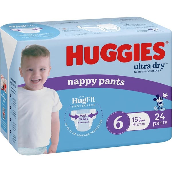 Huggies Ultra Dry Nappy Pants Junior Boys 15kg+ Size 6 24pack Carousel 1