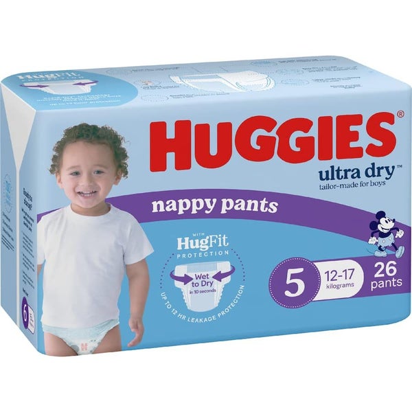 Huggies Ultra Dry Nappy Pants Walker Boys 12-17kg Size 5 26pack Carousel 1