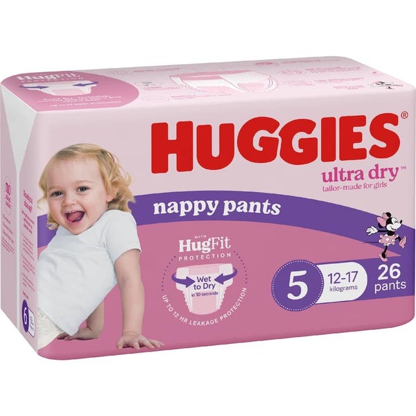 Huggies Ultra Dry Nappy Pants Walker Girls 12-17kg Size 5 26pack Carousel 1