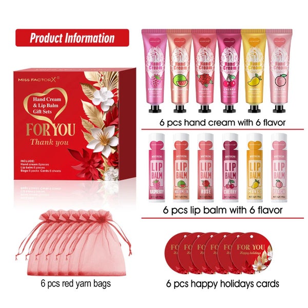 24 Piece Bulk Lip Balm & Hand Cream Set With Thank You Card & Red Gauze Bag Carousel 1
