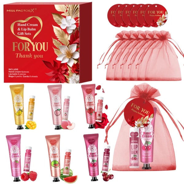 24 Piece Bulk Lip Balm & Hand Cream Set With Thank You Card & Red Gauze Bag Carousel 2